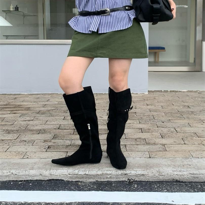2025 new fashionable fine boots autumn and winter thin belt square suede inner height increase high boots but knee boots women's shoes