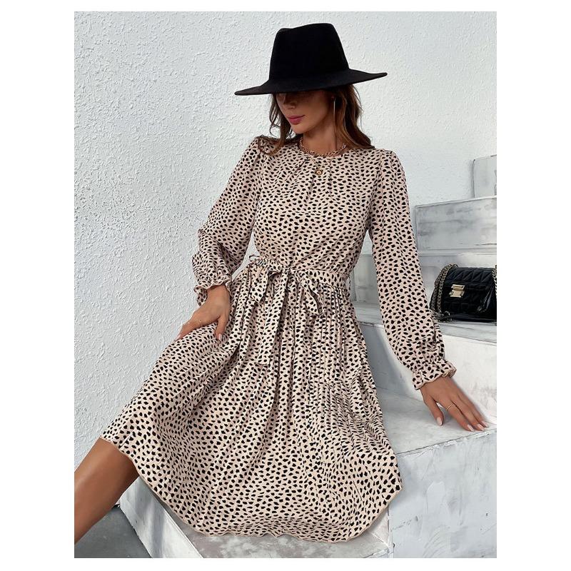 YYFS Women's Fashion Spring Fall Leopard Print Long Sleeve O-Neck High Waist Casual Dresses