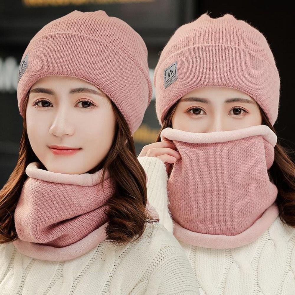 Thicken Plus Velvet Scarf Warm Knit Hat Cold-proof Neck Cover Solid Color Beanies Caps  Mens Womens