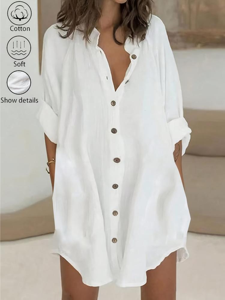 

Women S Casual 100% Button-Up Shirt Dress, Easy Solid Color, Three-Quarter Sleeves, Short Length, Suitable for Daily Work In Spring And Summer S белый