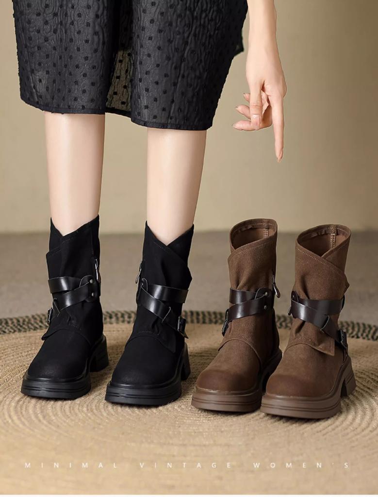 Short Boots 2025 Autumn and Winter New Leather Retro Platform Brown Western Cowboy Boots Medium Boots Retro Women's Martin Boots
