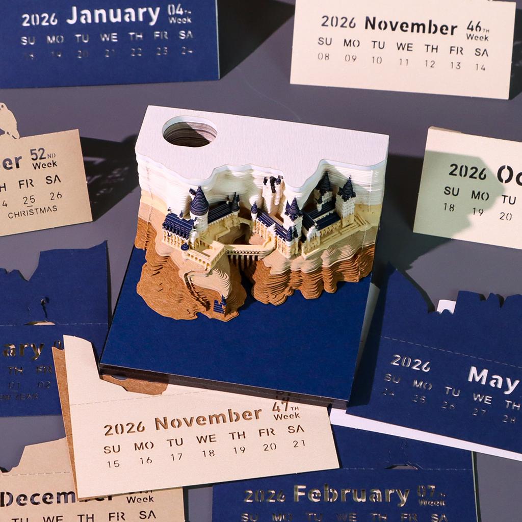 Magic Castle Weekly Calendar With Led Light 2026 Time Piece Calendar 3D Art Paper Carving Memo Pad Notepad for Christmas Gifts