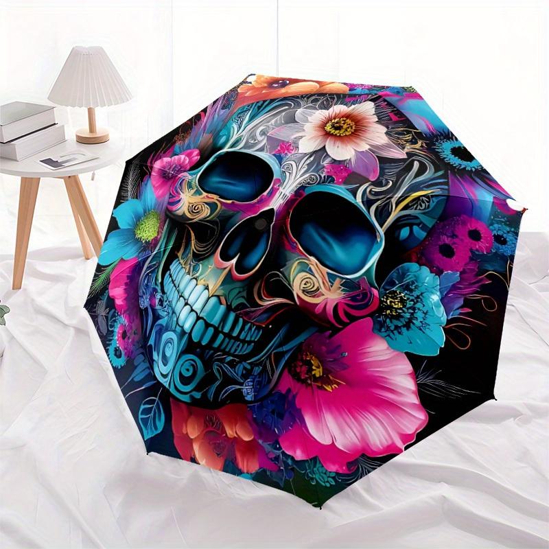 1pc Skull Flowers Automatic Open/Close Umbrella, Portable Folding Umbrella for Travel, Themed Events, It is suitable as a gift for various festivals,