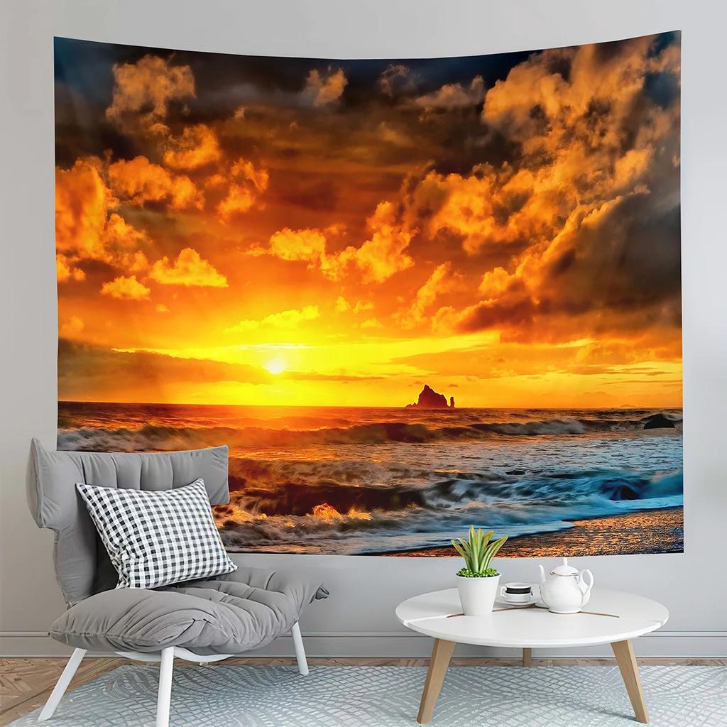 Sunset Beach Tapestry Ocean Waves Tapestry Golden Sky Tapestry Home Living Room Bedroom Dorm Wall Hanging Decorative Blanket