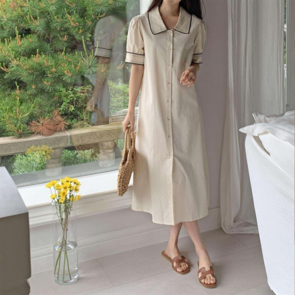 New Arrivals Open Run Women Puff Sleeve Collar Long Shirt Dress