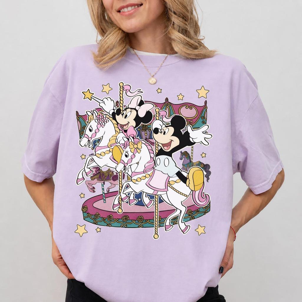 Cartoon Mouse Carousel Shirt, Theme Park Merry Go Round Graphic Tee, Watercolor Mythical Horse Shirt, Magical Ride Shirt