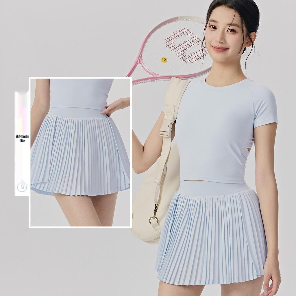 Women's Short Sleeve Yoga Suit & Pleated Tennis Skirt Set