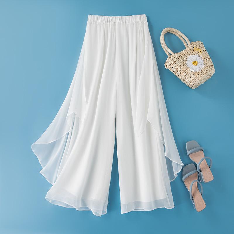 Tenké vílí módní hedvábné široké nohavice devítibodové ležérní kalhoty s elastickým pasem pro ženy na léto