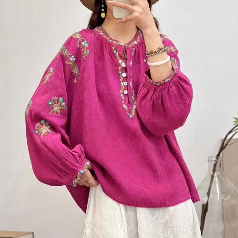 

Літня вишивка Жаба Сорочка з косим лацканом Вінтажна сорочка з довгим рукавом Повсякденні топи з бавовни та льону Вільна зручна футболка L рожевий