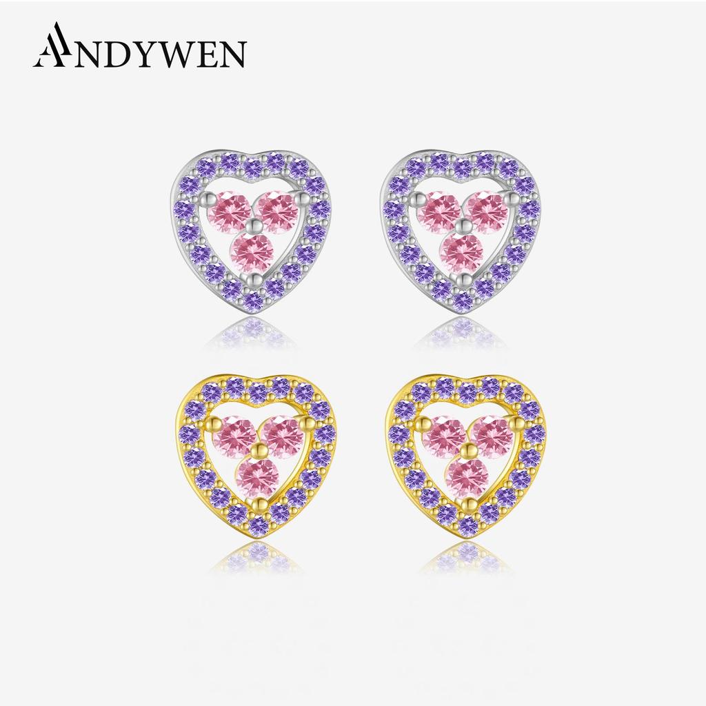 ANDYWEN 925 Sterling Silver Stud Earrings Ladies Cute Heart Earring Colorful Cubic Zirconia Fine Jewelry for Valentine's Day Gifts