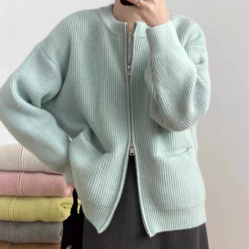 Retro Solid Color Lazy Wind Sense Pit Strip Double Zipper Knitted Cardigan Female Loose Soft Temperament Sweater Coat