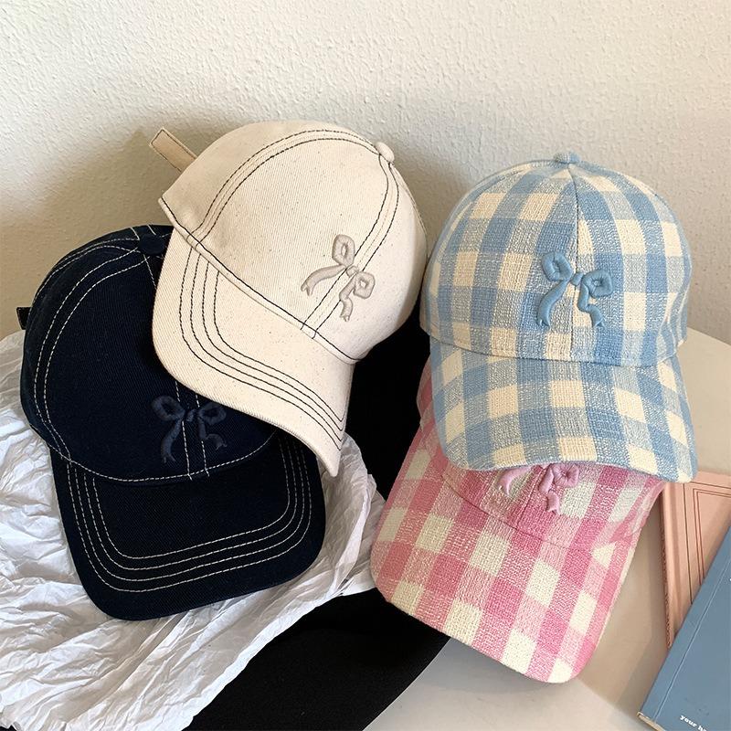 Hat Female original versatile sweet bow embroidered baseball cap spring and summer plaid cap showing small face