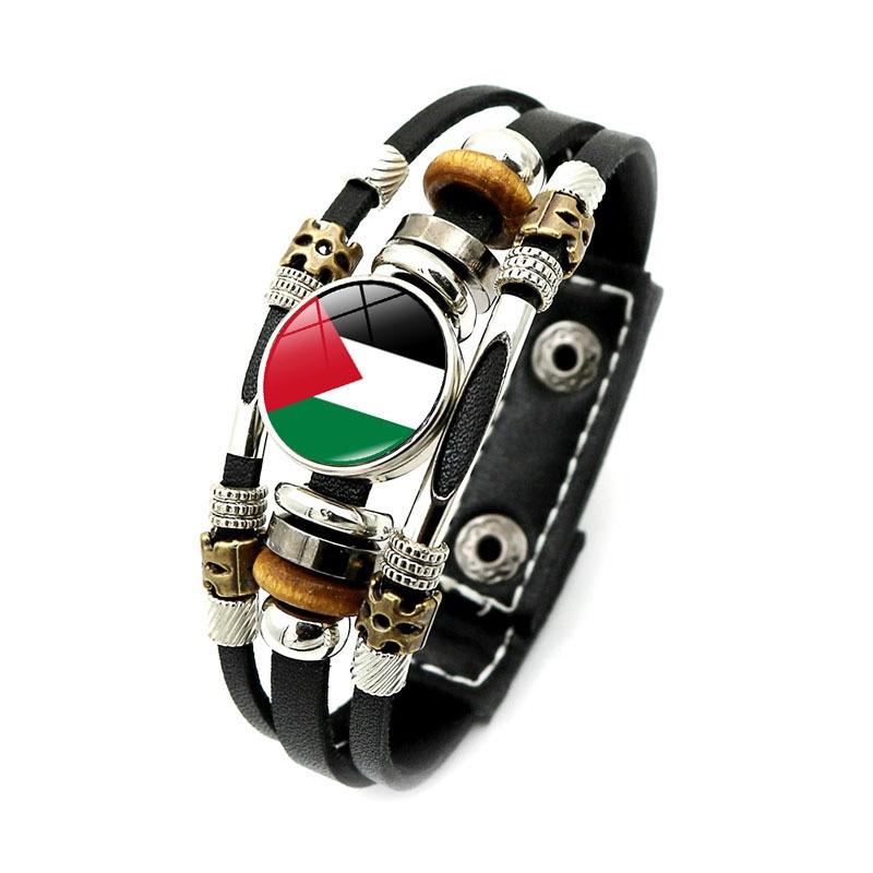 Israel Palestine Flag Pendant Leather Bracelet Handmade Men Accessory Boys Gifts