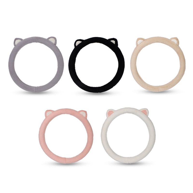 Car Steering Wheel Cover with Cute Cat Ears, Comfortable Winter Plush Cartoon Style for Women, D-Shaped Steering Wheel Cover