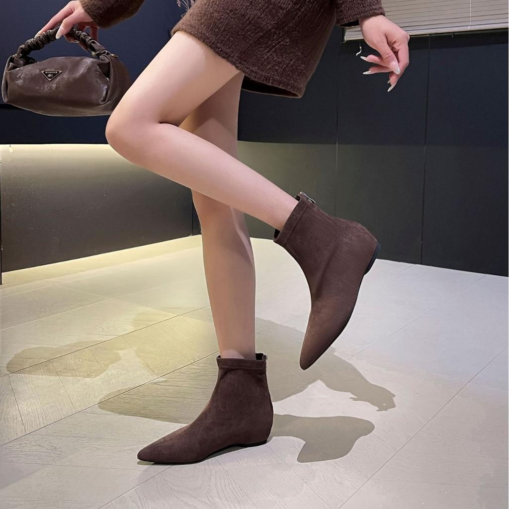 Inner height increase pointed thin boots short boots women's autumn and winter new suede elastic boots French foreign versatile small naked boots