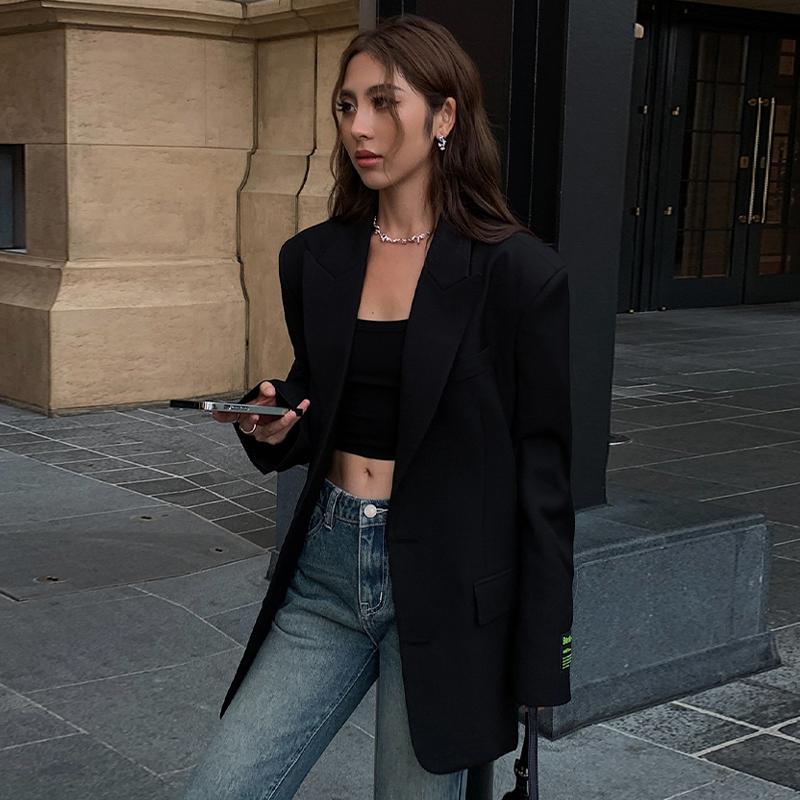 Women Blazer Lapel Solid Color Loose Long Sleeve Suit Jacket Fashion Office Lady Legant Wide Shoulder Commuting Jacket Summer Autumn
