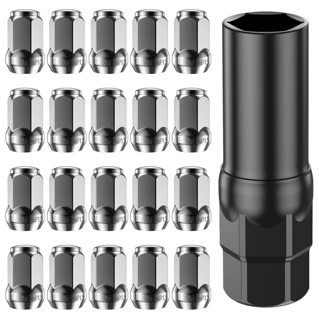 20Pcs Car 12mm Wheel Lug Nut Bolt Cover Steel Black Thread Wheel Lug Nuts Tyre Hub Tire Screw Protection Cap with 1 Socket