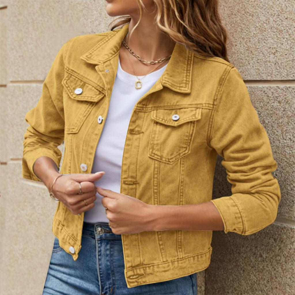 Women's Fashion Long Sleeve Solid Color Cardigan Lapel Pocket Single Breasted Short Denim Jacket Coat