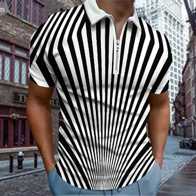 Casualowy T-shirt z klapą Moda młodzieżowa T-shirt na zamek krótki rękaw T-shirt męski z nadrukiem białych linii 3D