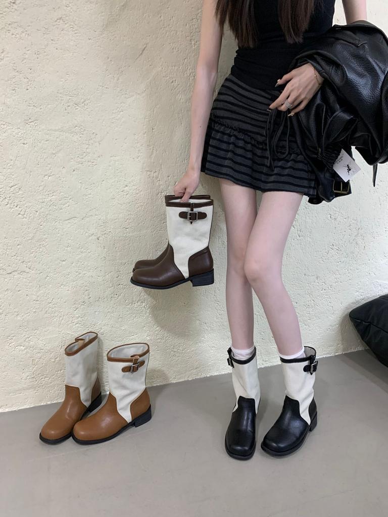 British Retro Western Cowboy Boots Women's New Color Matching Outer Wear Medium Boots Knight Martin Boots