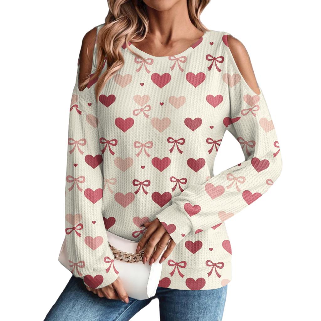 Women's Winter Oversized T-Shirt Fashionable Off-the-Shoulder Round Neck Vintage Floral Print Pullover Long-Sleeved Top
