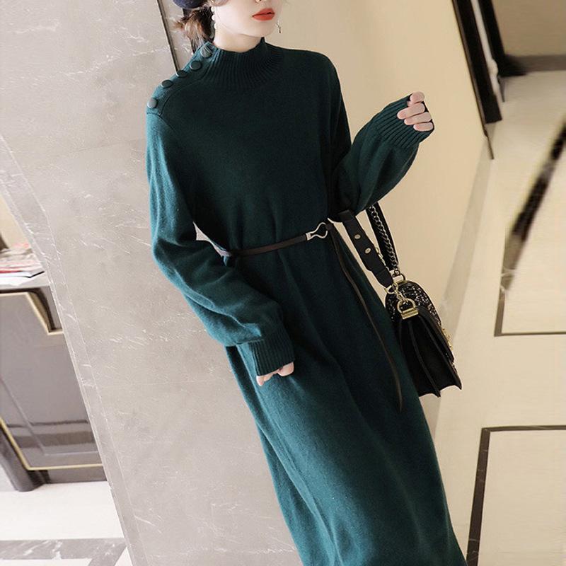 

Вязаное платье осень и зима с пальто женское приталенное юбка до колена, юбка-свитер сверху, темпераментная базовая юбка с воротником-стойкой One size fits all [80-130]