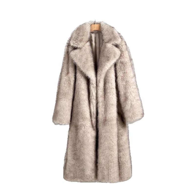 Womens Faux Fur Coat Long Winter Warm Outerwear With Collar Lapel Elegant Office Style