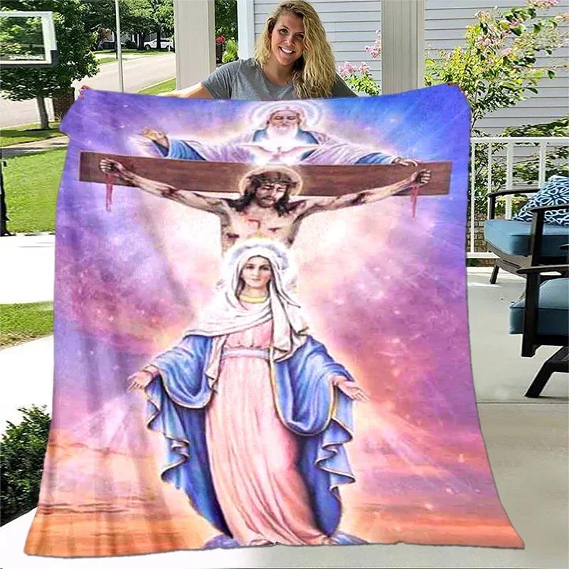 Jezus Dziewica Maria Miękki Koc do Rzucania Pościel Flanelowy Salon/Sypialnia Ciepły Koc Koc z Wizerunkiem Dziewicy Maryi Koc z Krzyżem Dom