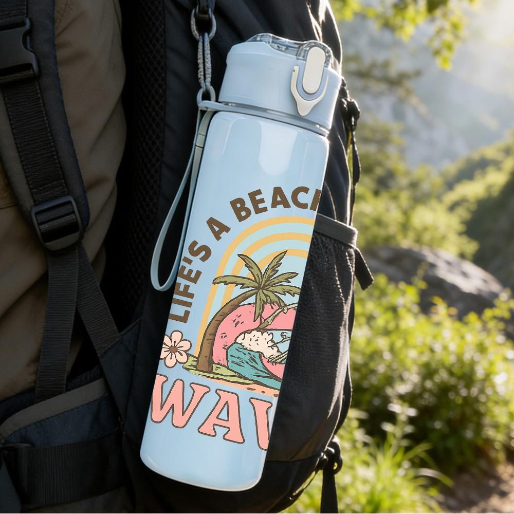 1PC Beach Waves Tropical Print 750ml Color Plastic Sports Water Bottle Leakproof Flip Straw Lid Suitable for Sports Office Home Use