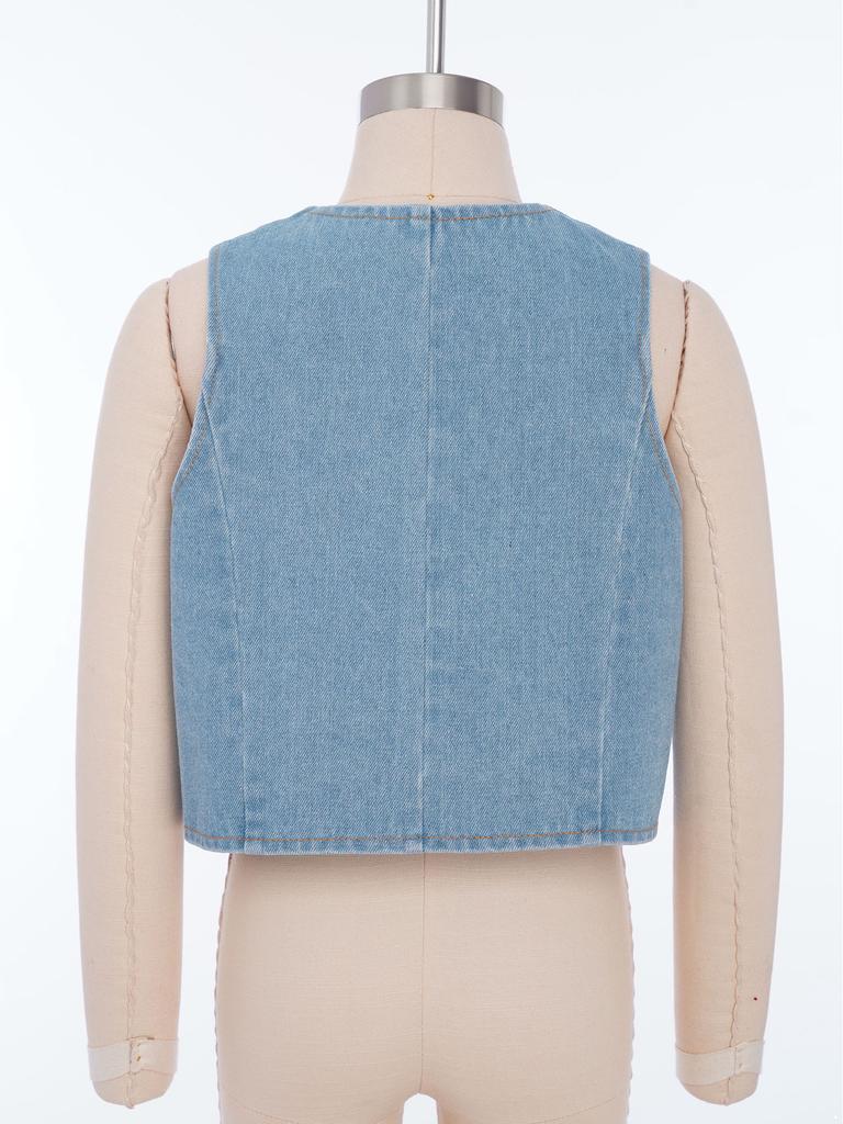 Girls Shiny Rhinestone Stars Denim Vest Buttons Sleeveless Jacket Asymmetrical Waistcoat Birthday Party Top