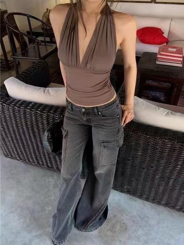 

Жіночий сексуальний прозорий топ-халтер з глибоким вирізом V-подібним вирізом та відкритою спиною Large чорний