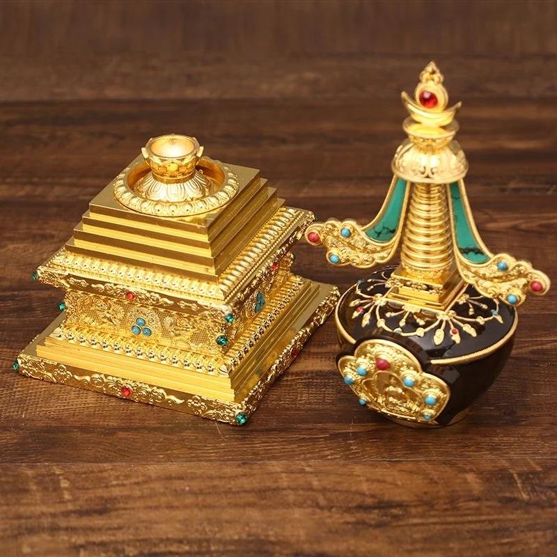 Tibetan Stupa Tantric Engraved Pearl Inlaid Gem Buddhist Statue Brown Alloy Handicraft Altars Indoor Home Desktop Decorative