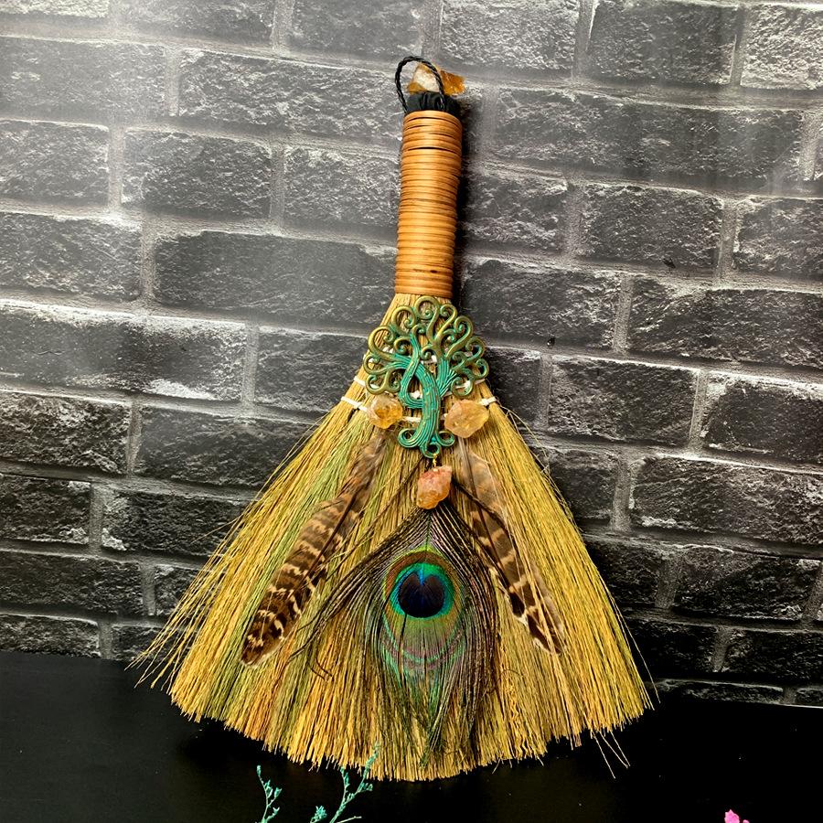 Big Broom Natural Amethyst Life Tree Halloween Peacock Feather Eye Altar Ornament  Witch Mini Broom Home Decoration Handicrafts