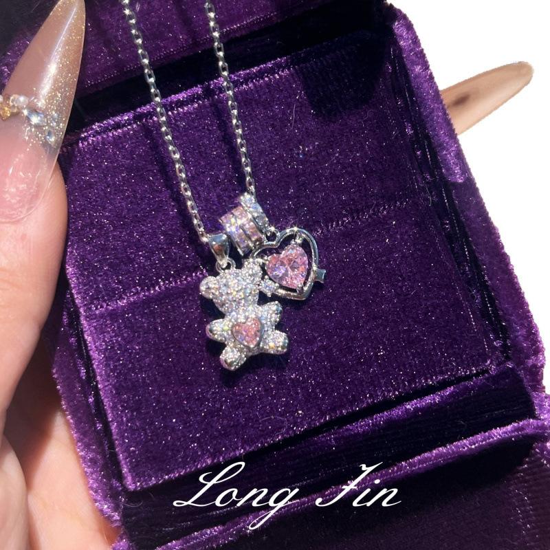 Set Full Of Diamond Love Running Ring Bear Necklace Stud Earrings Female Internet Celebrity Style Niche Design Light Luxury Collarbone Chain