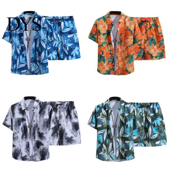 Printed Men Shirt Shorts Set 2Pcs/Set Beach Outfit Lapel Short Sleeve Single Breasted Elastic Drawstring Waist Wide Leg Hawaiian Print Casual