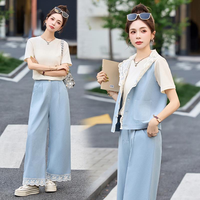 Summer denim vest suit women's casual lace splicing straight jeans three-piece set