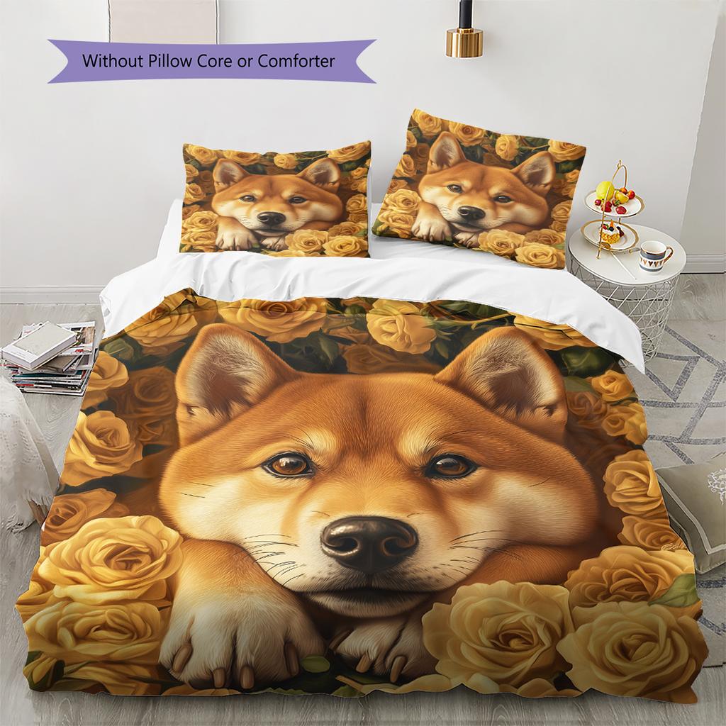 Shiba Inu and Rose Pattern Bedding Home Decoration Birthday Gift (1 * duvet cover + 2 * pillowcase, without core)