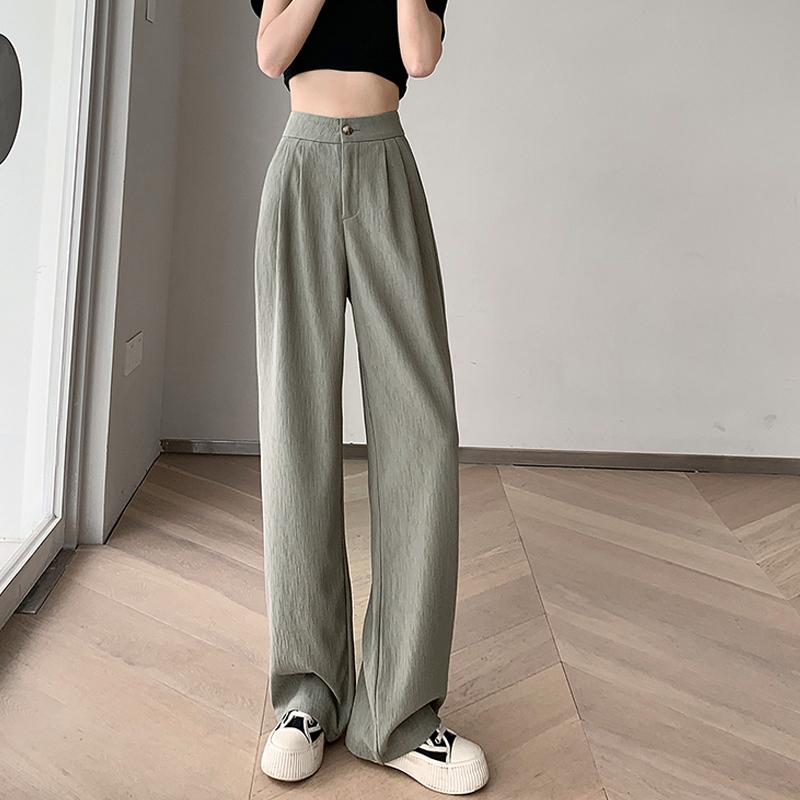 

Весенне-летние текстурированные плиссированные прямые женские брюки, новые свободные повседневные широкие брюки с высокой талией, модные элегантные длинные брюки 617 2XL зелёный/серый