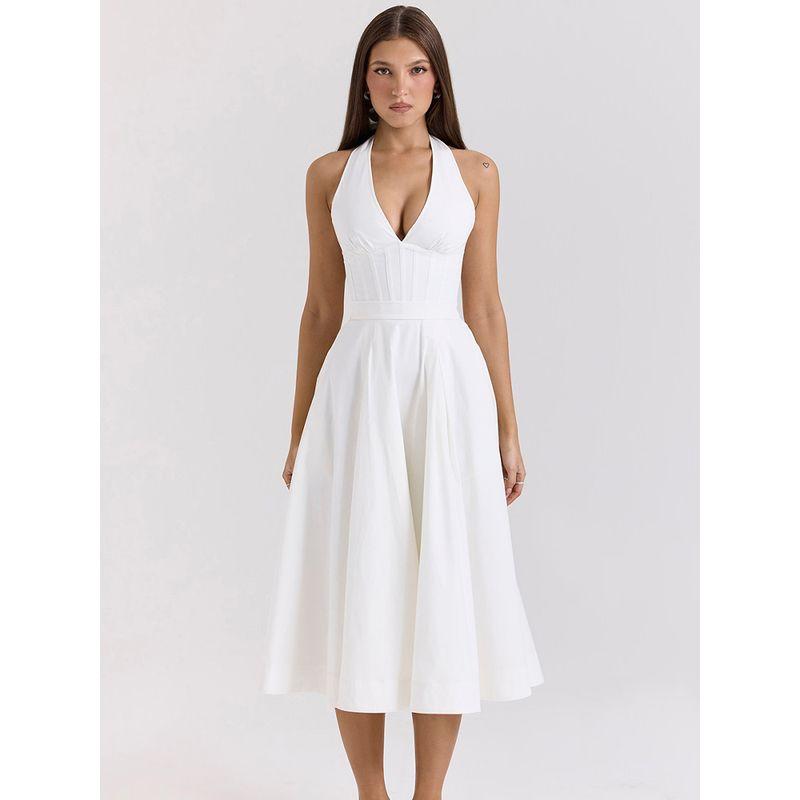 Mercury Crescent House Same Style French style White Deep V-neck Bow Strap Halterneck Skirt Waist Hugging Slimming Dress