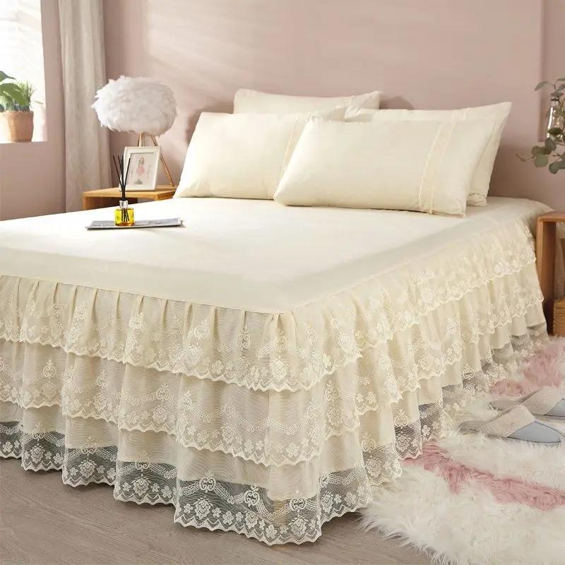 3 Layers Bed Skirt Lace Ruffled Bed Skirt Couvre Lit Bedroom Bed Cover with Surface Non-slip Mattress Cover Bedsheet Bedspread