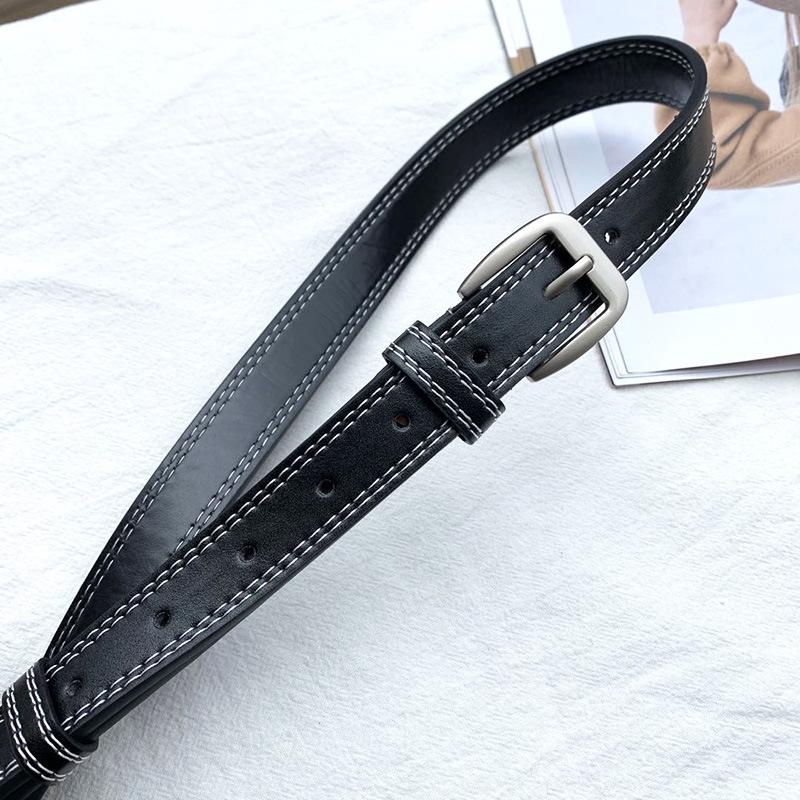 

Корейский женский кожаный ремень с двойной белой строчкой - простой, универсальный аксессуар для джинсов 105cm чёрный