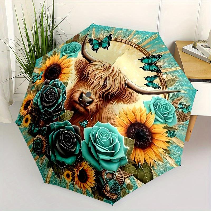 

1pc Highland Cow Floral Mandala Umbrella with Plastic Handle,Suitable for All Seasons Home Travel Outdoor UmbrellaB1619