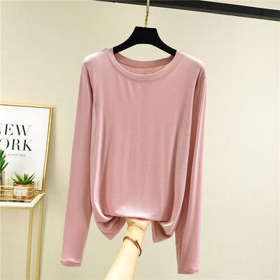 Damen Modal Langarm T-Shirt Rundhalsausschnitt Einfarbig Schmale Passform Basic Unterhemd Dünn Vielseitig Lässiges Oberteil