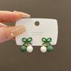 Silver Needle Green Bow Earrings Women's Small Fresh Mori Versatile Contrast Earrings Hong Kong Style Simple Ear Jewelry