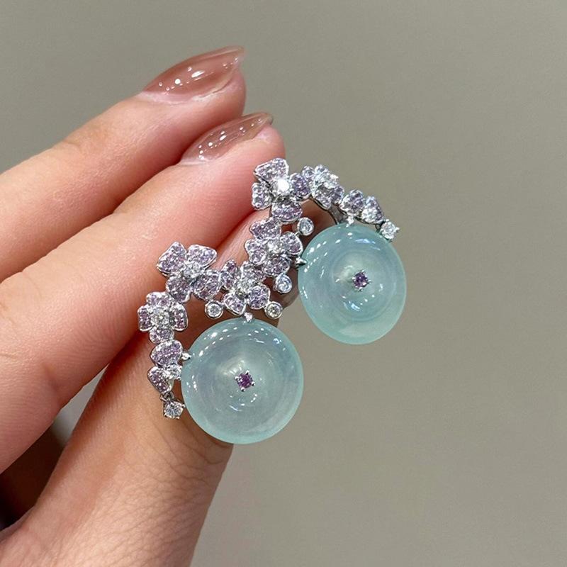 silver inlaid full diamond flowers natural ice chalcedony round green earrings for women high-end fashion party  gift