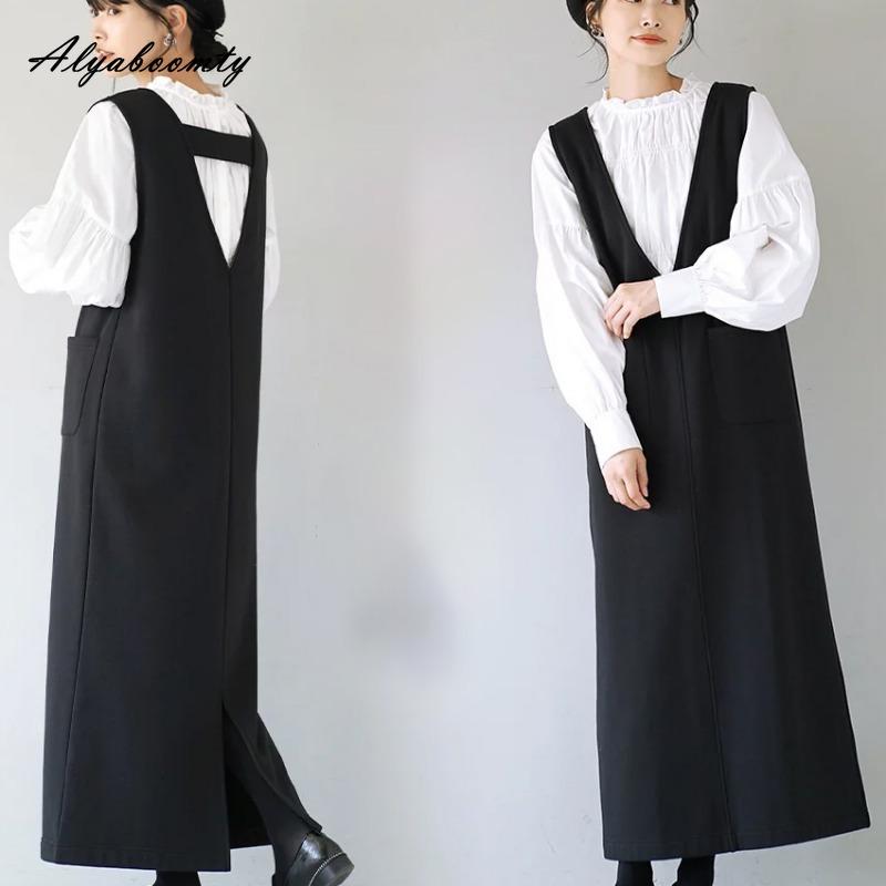 Korean Fashion Spring Autumn Women Midi Sundress Brief V Neck Beige Gray Black Woolen Tank Dress Sleeveless Wool Basic Ladies' Dresses