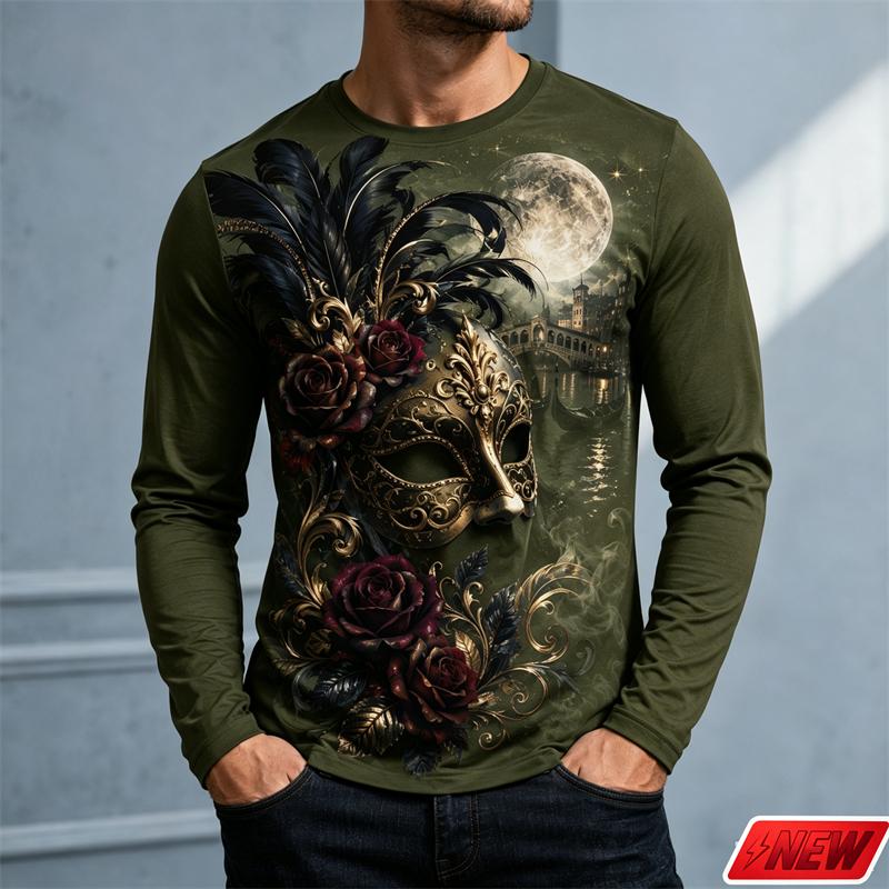 Long Sleeve T Shirt Men Vintage Mask Dark Rose 3d Print Feather Moonlight Graphic Tee Festival Party Streetwear Casual Goth Tops