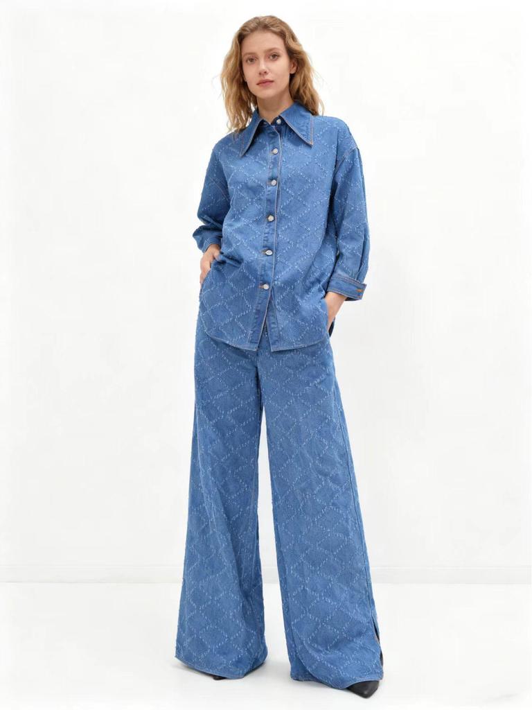 Ensemble en jean à manches longues pour femmes européennes et américaines: Pantalon décontracté large et ample et chemise en jean