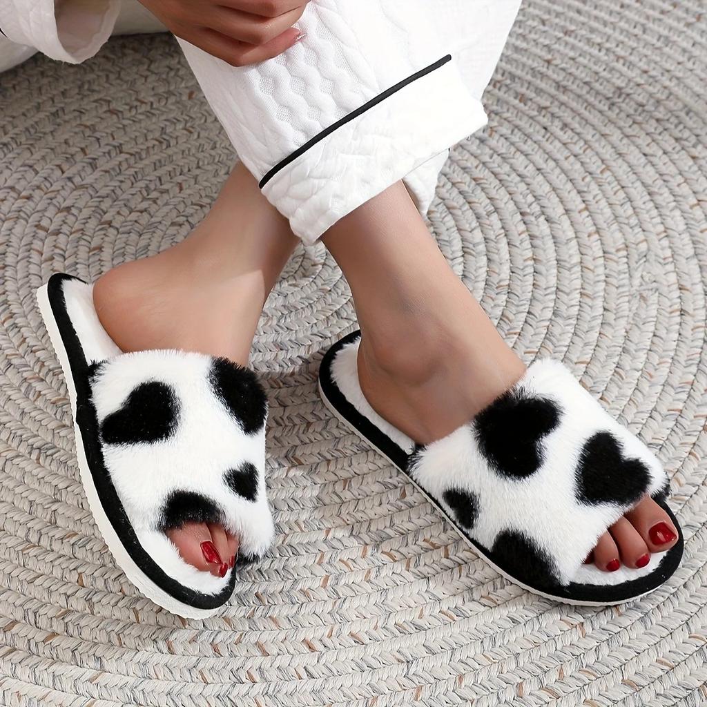 Fashion Women's Autumn Colorful Low Platform Plush Slippers Love Print Fluffy Cotton Shoes Casual Home Woman Man zapatos de mujer
