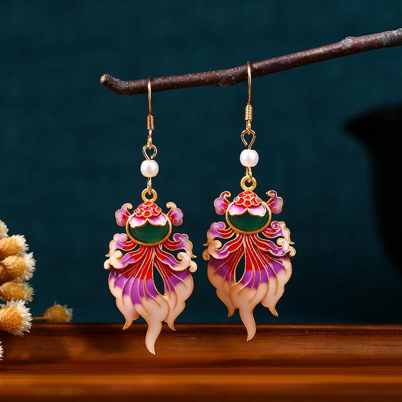 Chinese Retro 925 Sterling Silver Koi Fish Imitation Jade Earrings, Drip Glaze Hanfu Ear Hooks Gold Plated